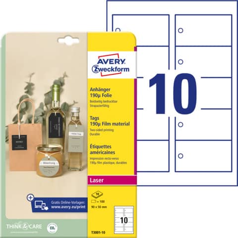 Cartellini micro-perforati Avery ultraresistenti in plastica da 190µ rettangolari in conf. da 100 pz T3001-10